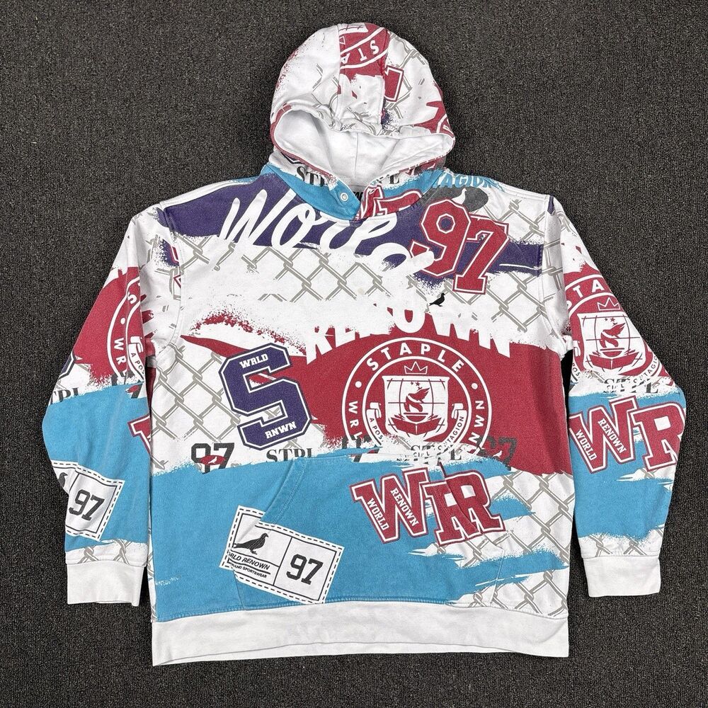 Staple Hoodie Mens Multicolor All Over Graphic Pullover Streetwear Size 2XL
